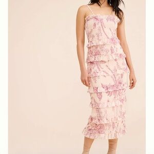 Anthropologie Pink Floral Tiered Ruffle Midi Dress